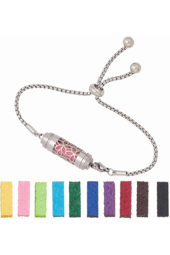 Essential Oil Diffuser Bracelet 9-1/8 Inch(23cm) Long Stainless Steel AdjustableColumn Slider Bracelets with 10 Pcs Refill Pads