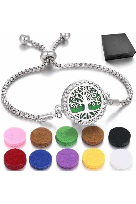 Essential Oil Diffuser Bracelet Aromatherapy Locket Scent Bracelet Adjustable Bracelet Tree of Life Styles Set with 10 Refill Pads，Pads Send a Beautiful Gift Box