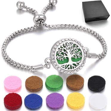 Tree Of Life Essential Oil Diffuser Bracelet - Stainless Steel Aromatherapy Bracelet With 10 Pads