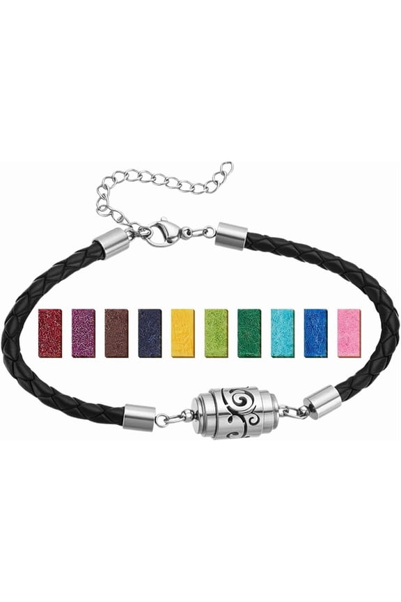 Essential Oil Diffuser Bracelet with Sponge Aroma Tablet 7-5/8 inch PU Leather Link Bracelet with 10 pcs Sponge Tablets for Aromatherapy Outdoor Activities and Gift for Men Women