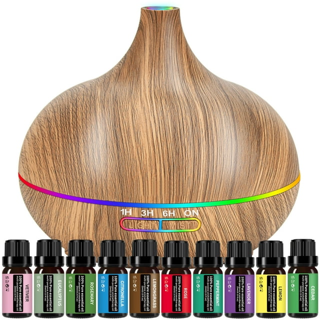 Essential Oil Diffuser Gift Set, 550ml Aromatherapy Diffuser & 10 Essential Oils Set, Oil