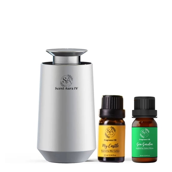 Scent Aura IV Hotel Inspired Rechargeable Cordless & Bluetooth App Enabled Oil Diffuser Bundle with 10ml Hotel Inspired Fragrance Oil, Silver