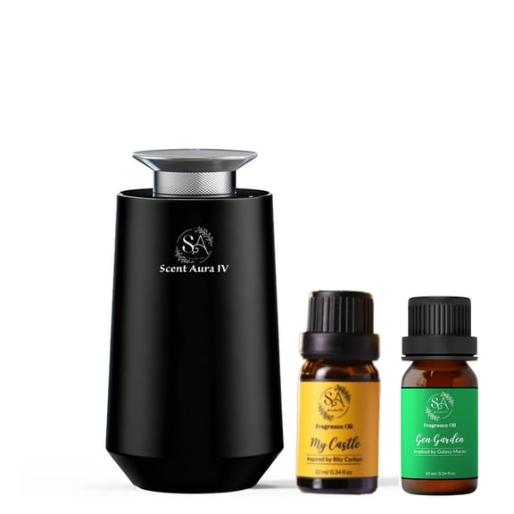 Scent Aura IV Oil Diffuser Bundle with Two 10ml Hotel Inspired Fragrance Oil, Black |Dual-Purpose for Car and Home|Rechargeable|Cordless|Bluetooth App Enabled|Aerospace-Grade Aluminum