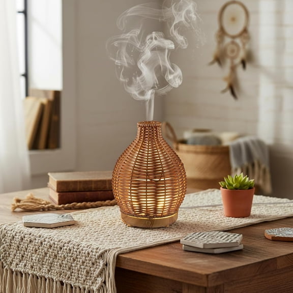 Essential Oil Diffuser Rattan Woven Boho Aroma Humidifier 80ml Ultrasonic Aromatherapy Diffuser with Timer and Waterless Auto-Off 2 Mist Modes Noiseless Warm Light for Home Office Bedroom