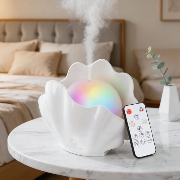 260ml Shell Aroma Diffuser with LED Night Light, Ocean Inspired Essential Oil Diffuser with Remote Control, Bedroom Decorative Humidifier Gift, White