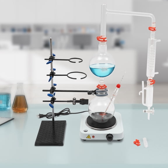 Essential Oil Distillation Apparatus with Graham Condenser + Hot Stove + Essential Oil Separator Lab Glass Distillation Kit Steam Water Distiller Purifier (1000ml)