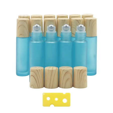 Essential Oil Glass Bottle 16pack 10ml Colorful Frosted Glass Roller Bottles with Stainless Steel Roller Balls Reusable Refillable Bottle, perfect for travel, carrying outside (Cyan-blue Frosted)
