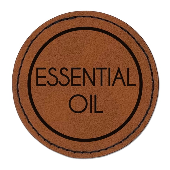 Essential Oil Minimalistic Font 2.5" Faux Leather Round Engraved Iron-On Patch - Brown