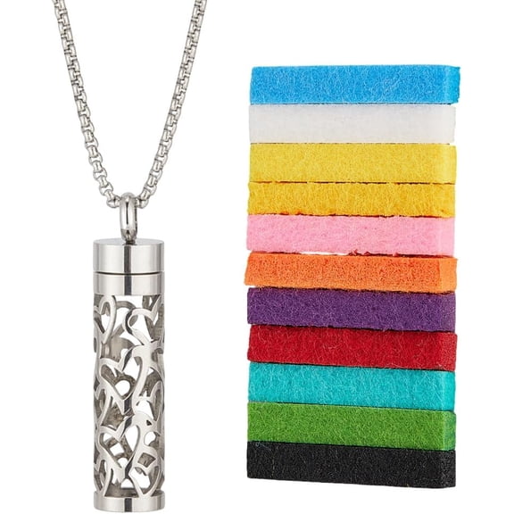 Essential Oil Necklace Aromatherapy Pendant Hollow Heart Stainless Steel Necklaces with 10Pcs Refill Pads Locket Cylinder Box Mother's Day Aromatherapy Jewelry