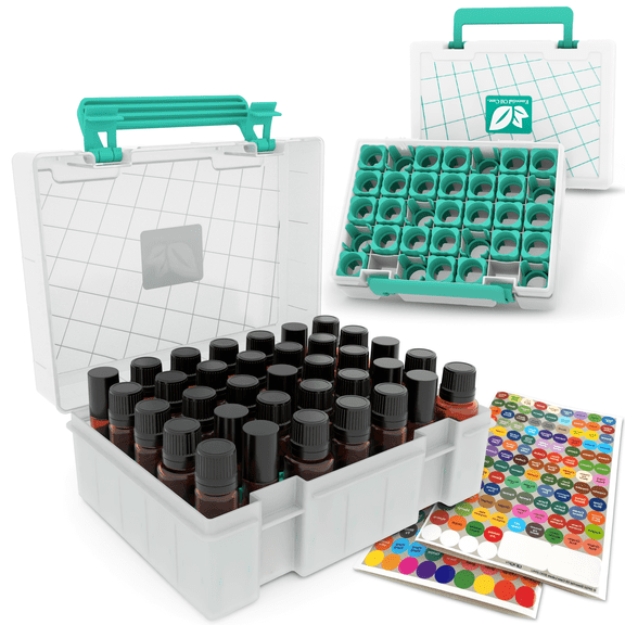 Essential Oil Organizer, 35 Essential Oil Storage Box for Shelf Display, Travel Hard Carrying Oils Case for doTERRA & Young Living, Carries All Brands of 5ml/10ml/15ml Bottles, Stickers Included