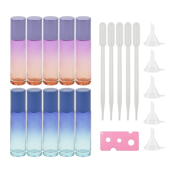 Essential Oil Roller Bottle Set 10ml 10pcs Purple Orange & Blue Gradient Glass Rolling Bottles with 5 Funnels, 5 Droppers, 1 Opener, Roller Bottles Vials for Perfume Lip Balms
