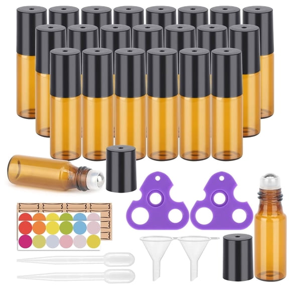 Essential Oil Roller Bottles, 24 Pack Amber Glass Balls Bottles 5ml for Oils, Roll on Bottle (96 Pieces Labels, 4 Funnels, Dropper, 2 Opener)