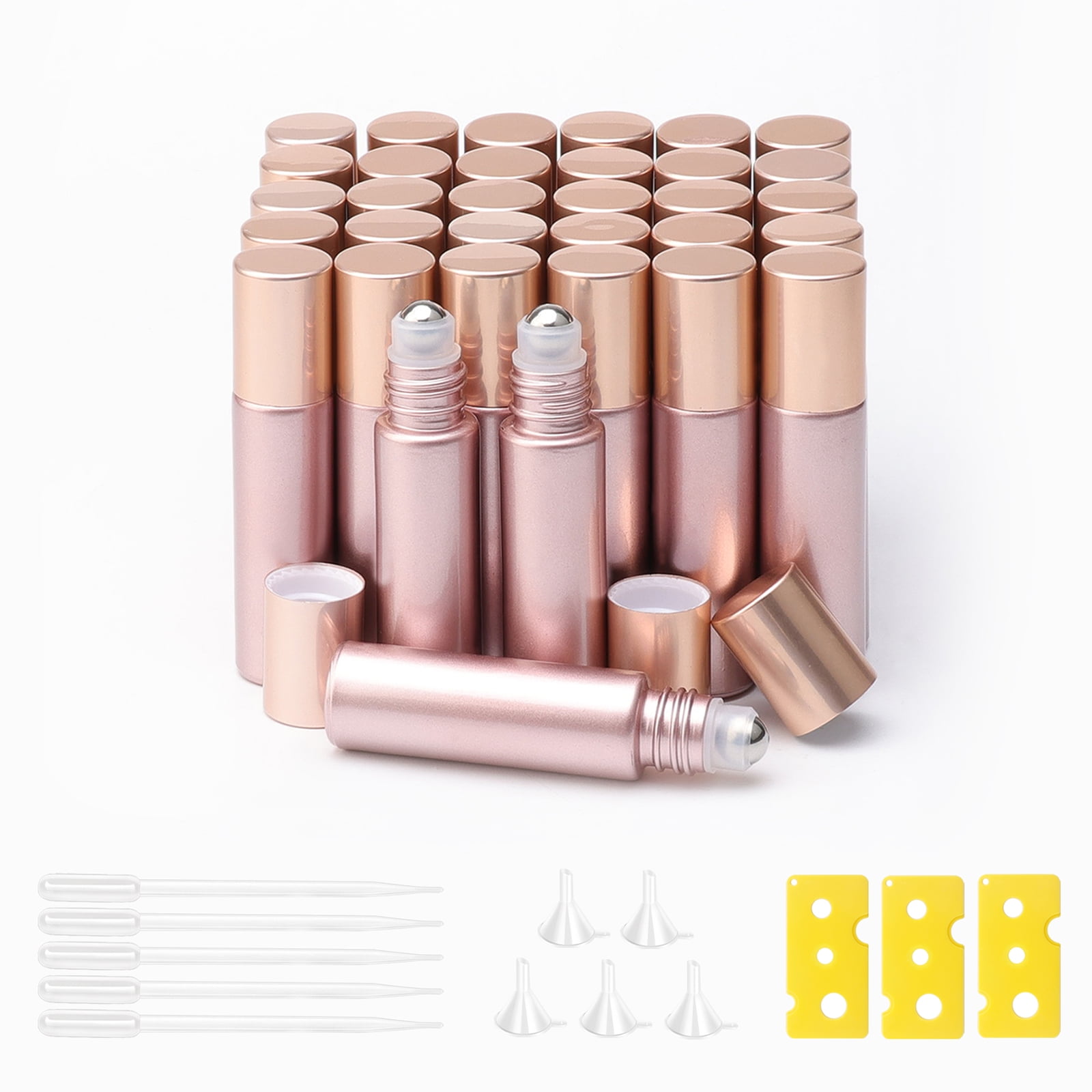 Essential Oil Roller Bottles 33PCS 10ml Matte Rose Gold Roller Bottles with Stainless Steel Roller Balls and Caps for Travel, Perfume and Lip Gloss
