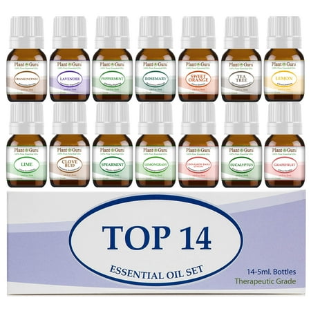 Essential Oil Set 14 - 5 ml. 100% Pure Therapeutic Grade Frankincense, Lavender, Peppermint, Rosemary, Orange, Tea Tree, Eucalyptus, Grapefruit, Lemon, Lime, Clove, Spearmint, Lemongrass, Cinnamon