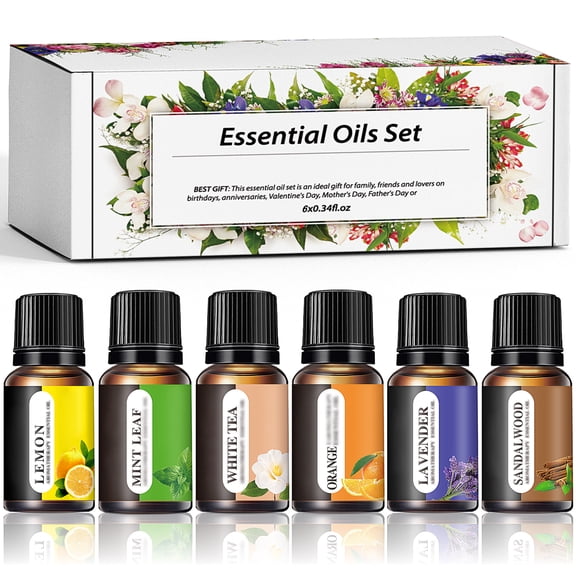 Essential Oil Set (6*0.34oz), 6 Aromatherapy Oil Gift Sets for Home Care, Reed Diffuser Oils, Fragrance, Aromatherapy, Humidifiers Lavender, Lemon, Orange, Peppermint, White Tea, Sandalwood