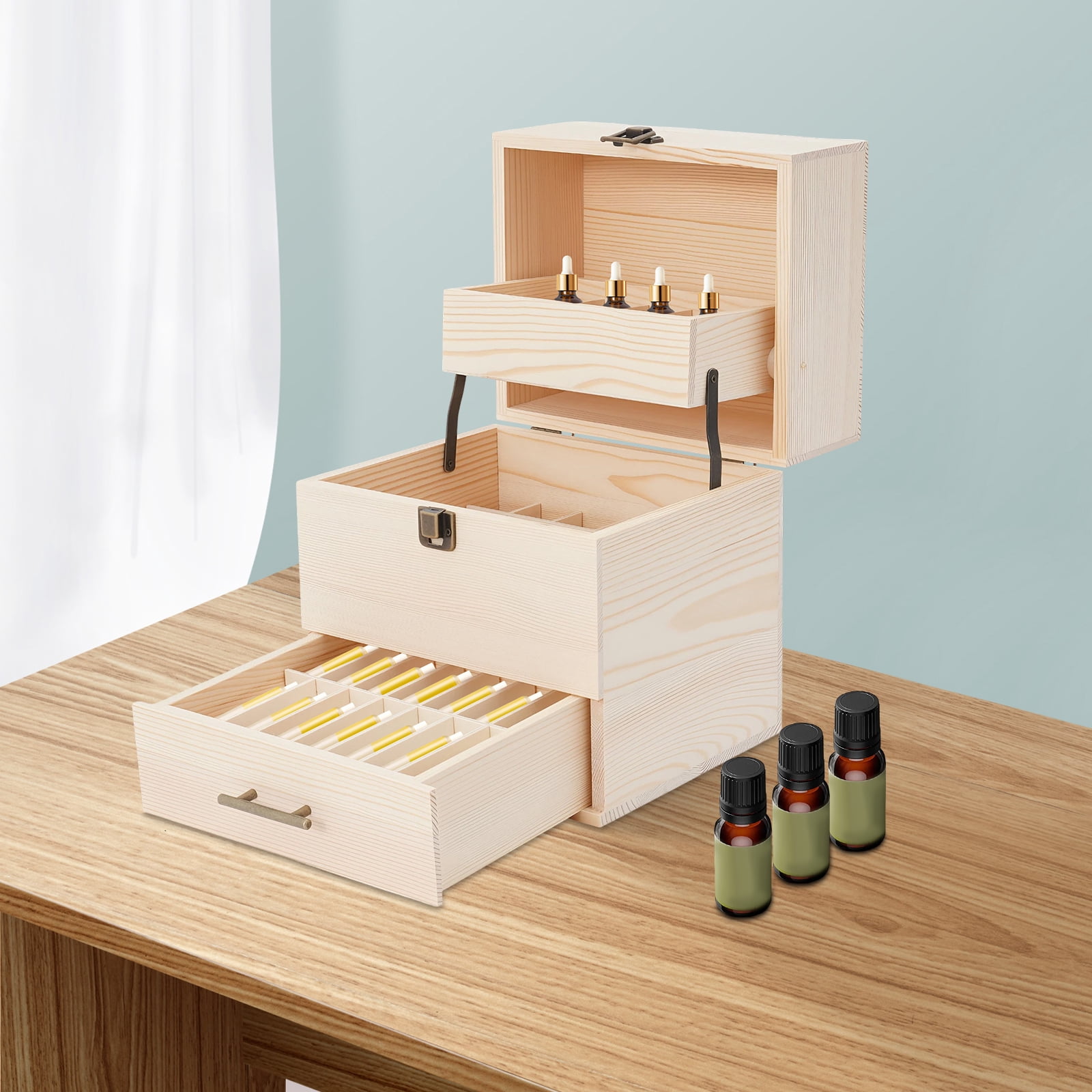 Essential Oil Storage Box, Wooden Organizer with 59 Slots, 3-Tier Design, Drawer & Trays for 15ml and 10ml Bottles, Compact and Elegant