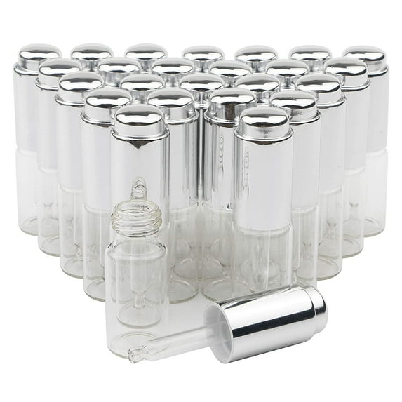 Essential Oil Transparent Glass Dropper Bottle 10ml 1/3 Oz with Silver Pressure Pump and Tip Eye Dropper Perfume Cosmetics Aromatherapy Sample Vials Pack of 25