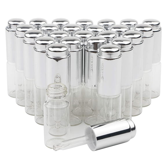 Essential Oil Transparent Glass Dropper Bottle 10ml 1/3 Oz with Silver Pressure Pump and Tip Eye Dropper Perfume Cosmetics Aromatherapy Sample Vials Pack of 25