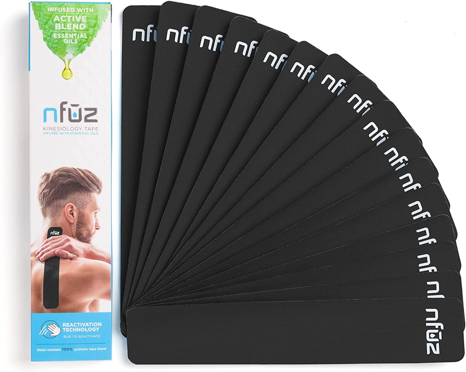NFUZ Tape Essential Oils Infused Kinesiology Tape, 16 Precut Black Strips