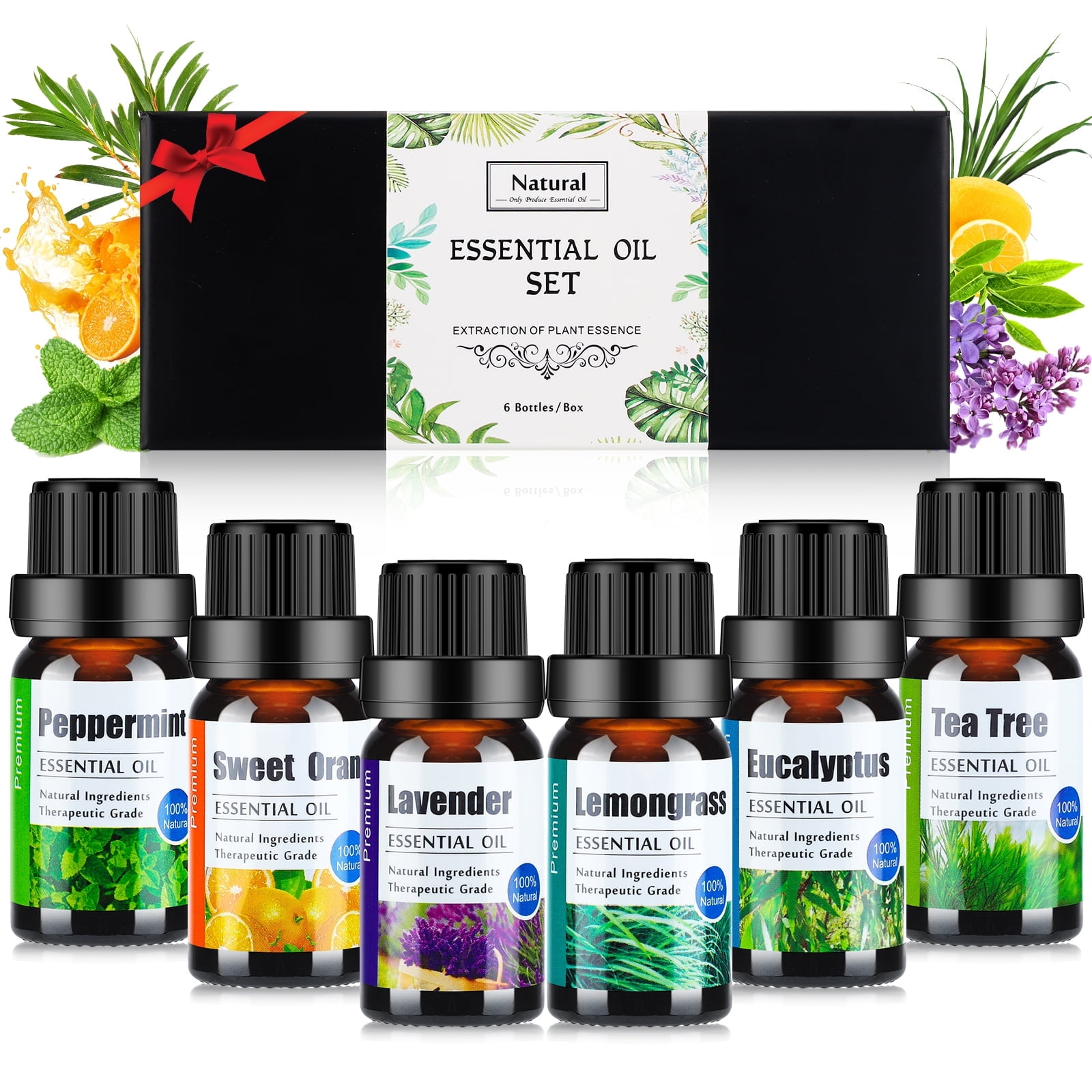 Essential Oils Set for Diffusers - Home Aromatherapy Oils Gift Set, 100% Natural Diffusers Oil Scents for Home, 6x10ML (Lavender, Eucalyptus, Lemon Grass, Sweet Orange, Peppermint, Tea Tree)