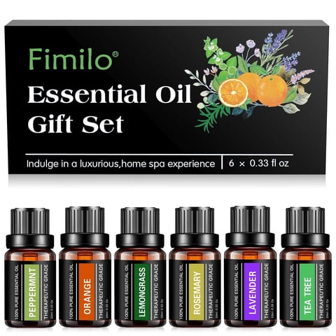 Fimilo Essential Oils Set, Fragrance Oils Gift Set for Diffuser - Peppermint,Lemongrass,Tea Tree,Rosemary,Lavender,Orange Kit (6 X 10ML)