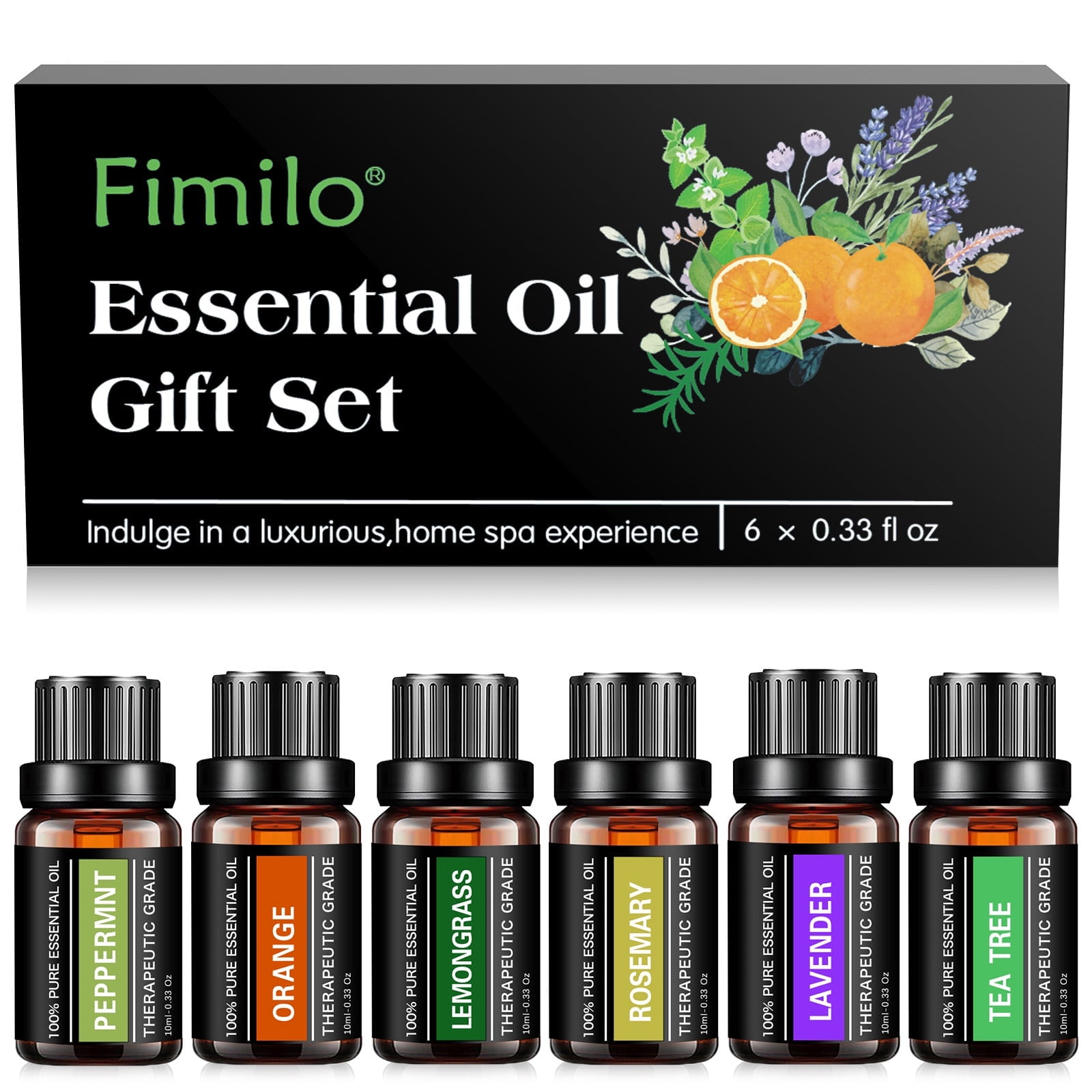Essential Oils Set,Fimilo Aromatherapy Fragrance Oils Gift Set-6 Pack,10ML(Peppermint,Lemongrass,Tea Tree,Rosemary,Lavender,Orange), Suit for Diffusers,Candle Making Scents,Fragrance,Humidifiers