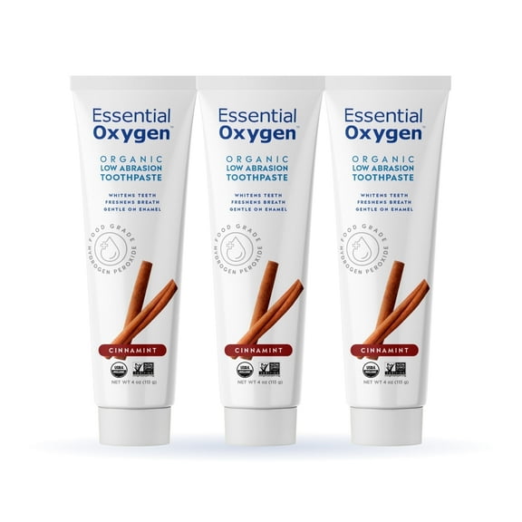 Essential Oxygen Certified Organic Toothpaste, Fluoride-Free, Enamel-Safe, Gentle Whitening, Cinnamint, 4 oz, Pack of 3