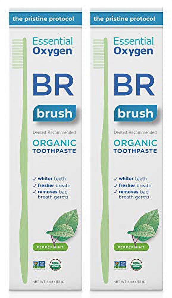 Essential Oxygen BR Certified Organic Toothpaste, for Whiter Teeth, Fresher Breath, Happier Gums, Tooth Sensitivity, Peppermint, 4 Ounce (Pack of 2)
