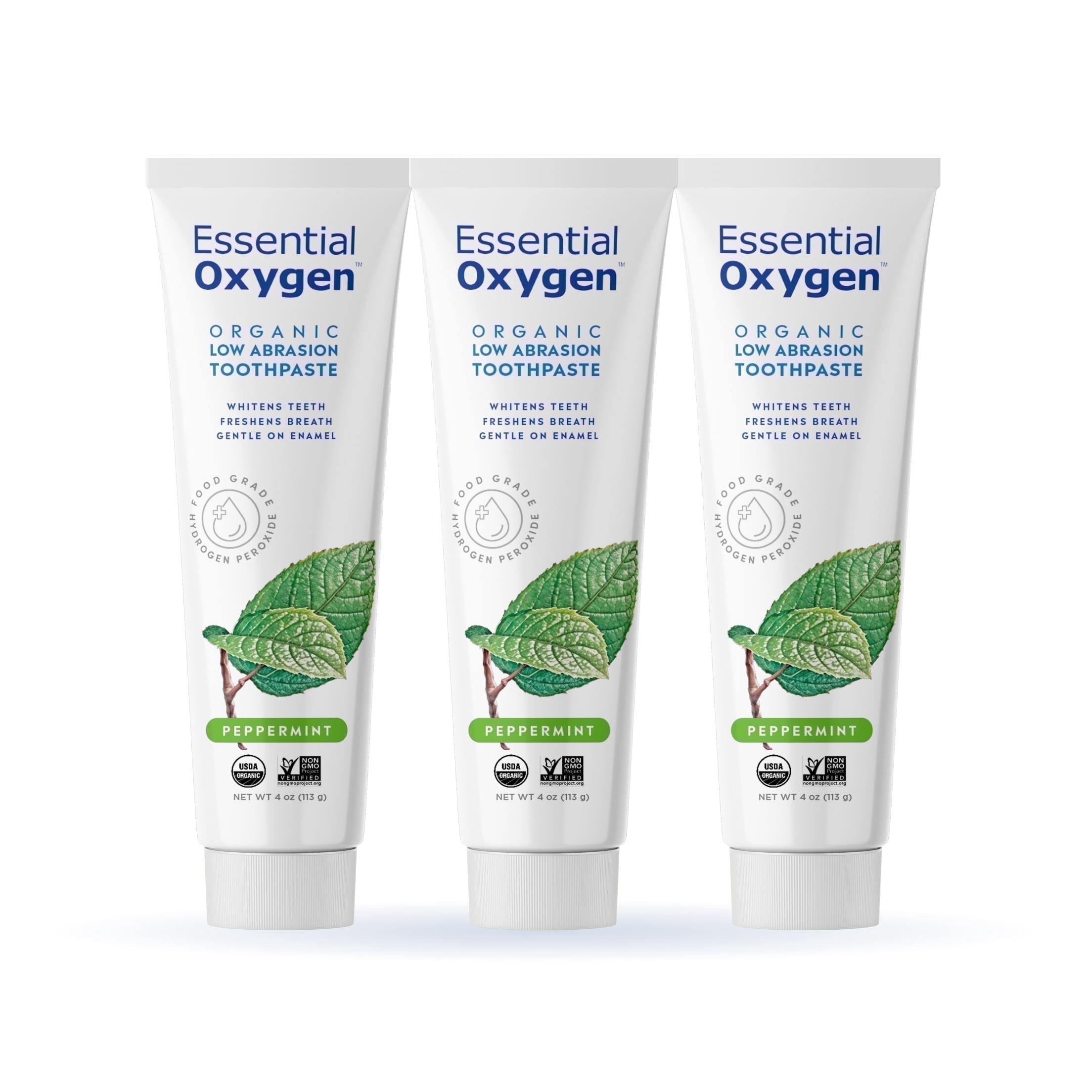 Essential Oxygen Certified Organic Toothpaste, Fluoride-Free, Enamel-Safe, Gentle Whitening, Peppermint, 4 oz, Pack of 3