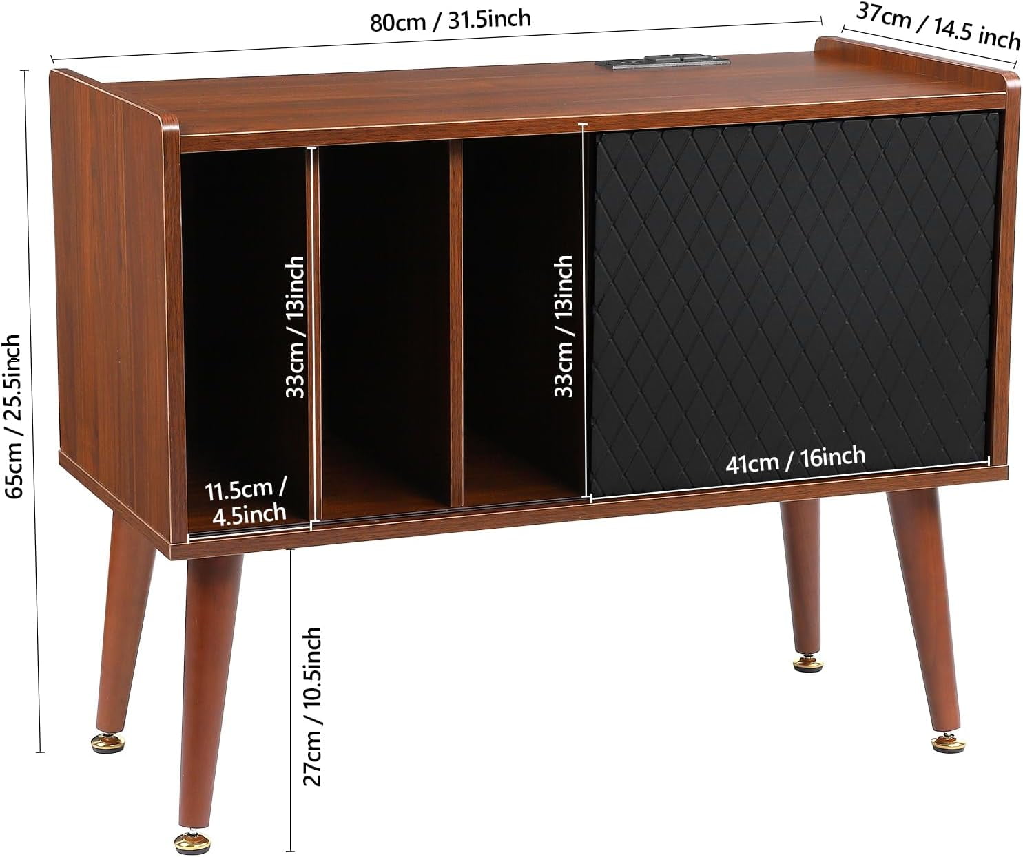 Essential Picks Elegant Record Player Stand with Vinyl Storage – Holds Up to 300 Albums, Built-In Charging Station, and Sliding Door Cabinet for Living Room & End Table Use