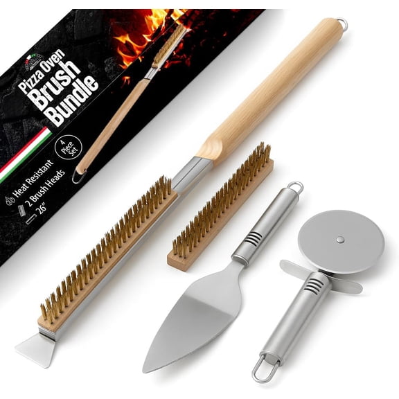 Essential Pizza Oven Accessories Kit- Includes Extra-Long Wooden Handle, 2 Brush Heads with Stainless Steel, Heat-Proof Bristles- + Slicer & Server |Works on Gozney, Blackstone & Pizza Ovens