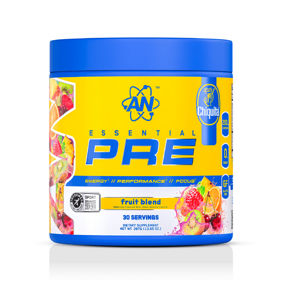 AN Supps Essential PRE Workout Powder Fruit Blend, 200mg Caffeine, No Sugar, Vegan, Gluten & Soy Free, Chiquita® Natural Flavor, Pre-Workout Energy Drink – 30 Servings