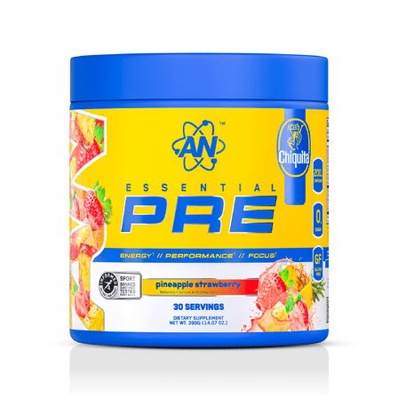 AN Supps Essential PRE Workout Powder Pineapple Strawberry, 200mg Caffeine, No Sugar, Vegan, Gluten & Soy Free, Chiquita® Natural Flavor, Pre-Workout Energy Drink – 30 Servings