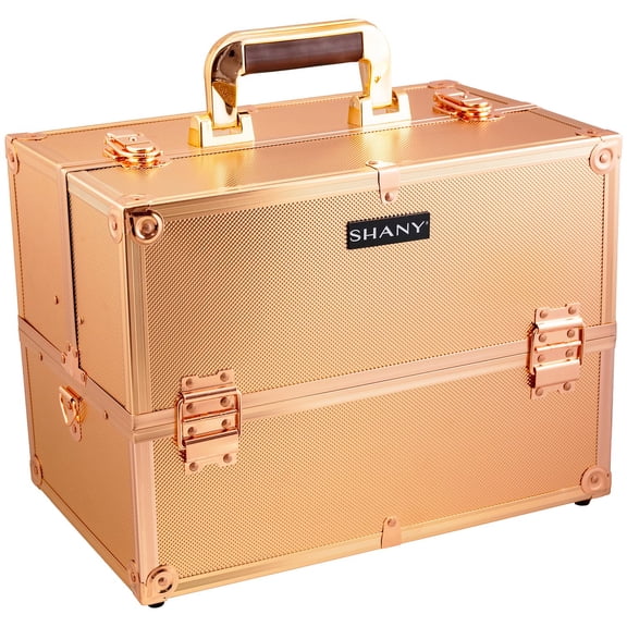 Essential Pro Makeup Train Case Cosmetic Box Portable Makeup Case Cosmetics Beauty Organizer Jewelry storage with Locks, Multi Compartments Makeup Box and Shoulder Strap - Rose Gold