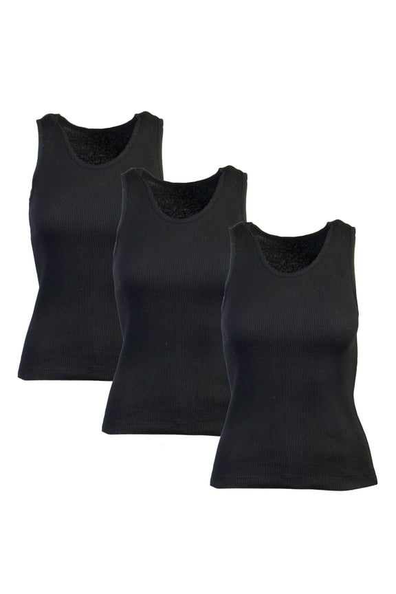 Essential Ribbed Cotton Tank Top for Women Cami 3 Pack, Black Medium