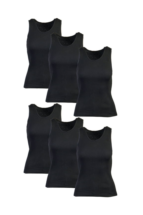 Essential Ribbed Cotton Tank Top for Women Cami 6 Pack, Black Medium