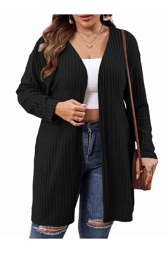 Essential Solid Fluted Sanding Open Front Knitted Cardigan Sweater for Women Black XXXL