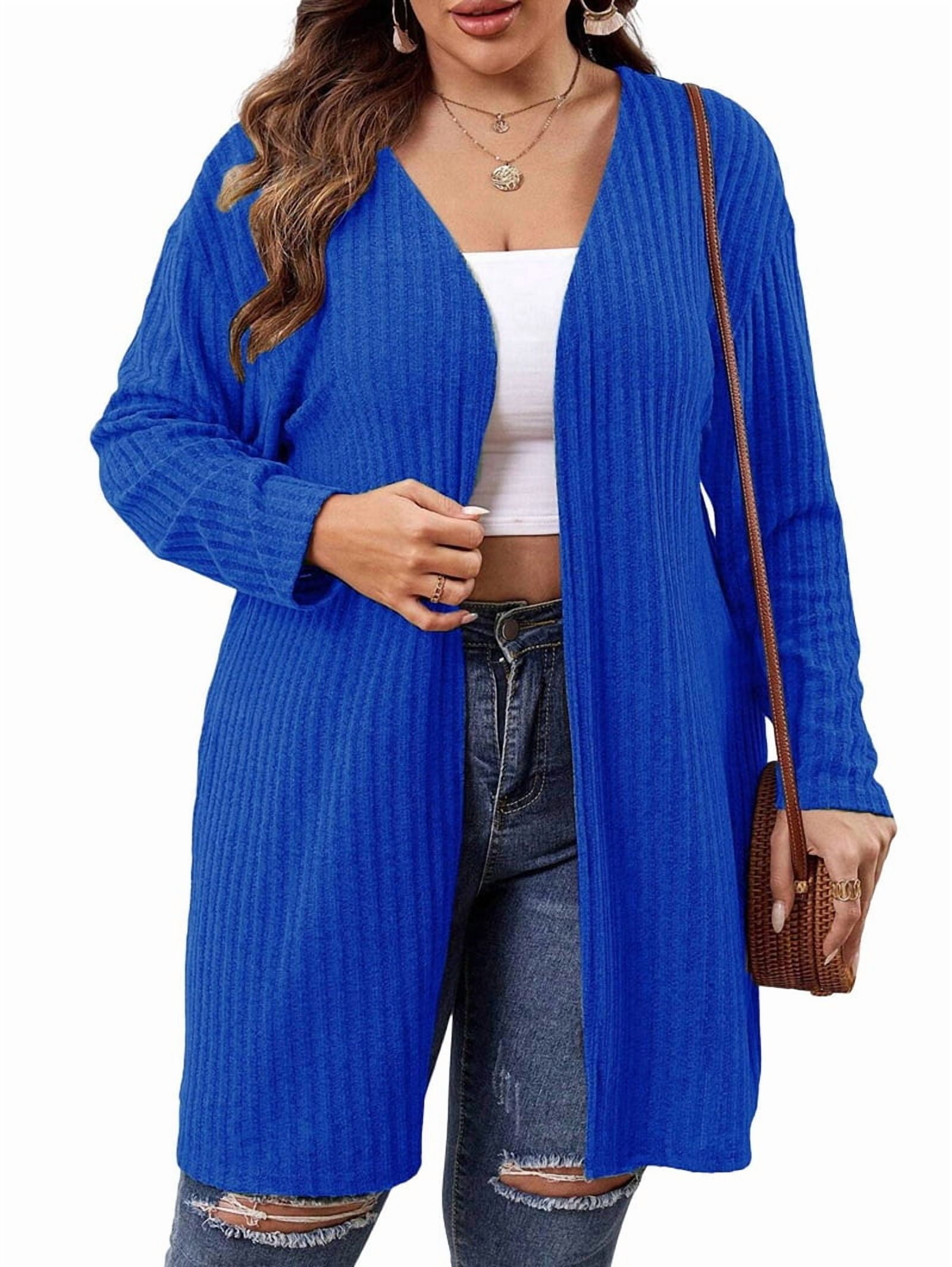 Essential Solid Fluted Sanding Open Front Knitted Cardigan Sweater for Women Blue XXL