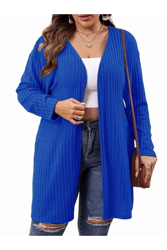 Essential Solid Fluted Sanding Open Front Knitted Cardigan Sweater for Women Blue XXXL
