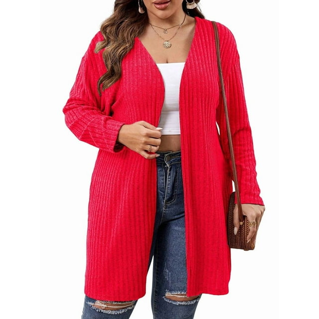 Essential Solid Fluted Sanding Open Front Knitted Cardigan Sweater for Women Red 4XL