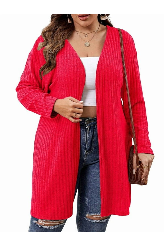Essential Solid Fluted Sanding Open Front Knitted Cardigan Sweater for Women Red 4XL