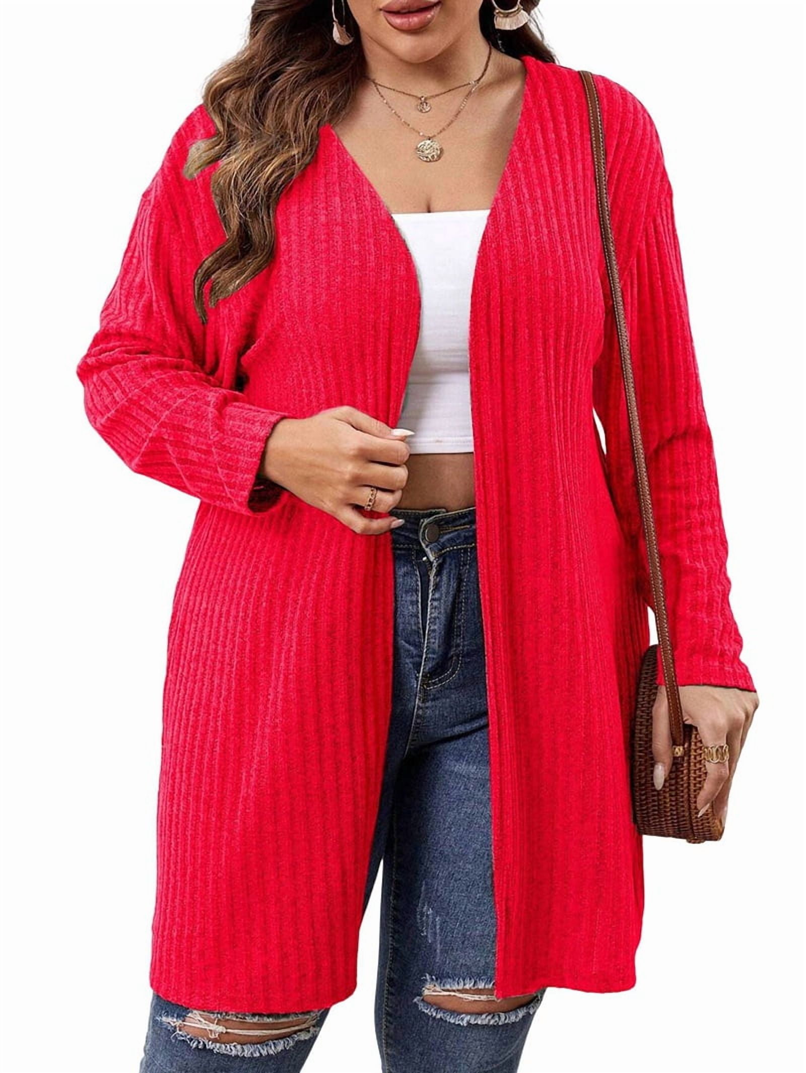 Essential Solid Fluted Sanding Open Front Knitted Cardigan Sweater for Women Red XXXL
