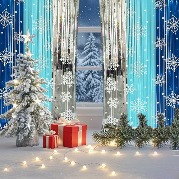 2 Piece Snowflake Pattern Christmas Curtains, Winter Party Backdrop, Holiday Window Decor, 39x79 Inches Plastic Material, for Seasonal Photo Booth, Festive Room Divider
