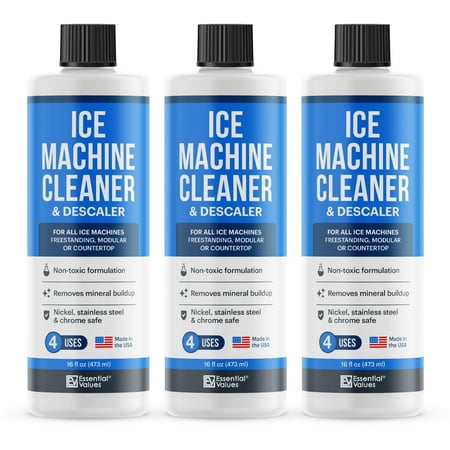 Essential Values 3-Pack Ice Machine Cleaner and Descaler - Concentrate Kitchen Cleaner Kit, Fragrance Free, 16 fl oz, 3 Count