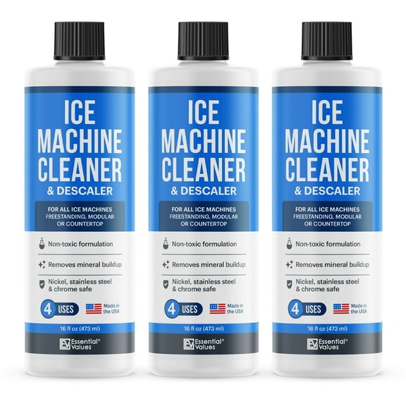 Essential Values 3-Pack Ice Machine Cleaner and Descaler - Concentrate Kitchen Cleaner Kit, Fragrance Free, 16 fl oz, 3 Count