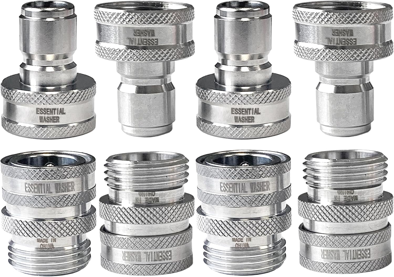 Essential Washer Stainless Steel ¾” Garden Hose Quick Connect Fittings | One Hand Operation Design | Plug & Coupler Set Of 4