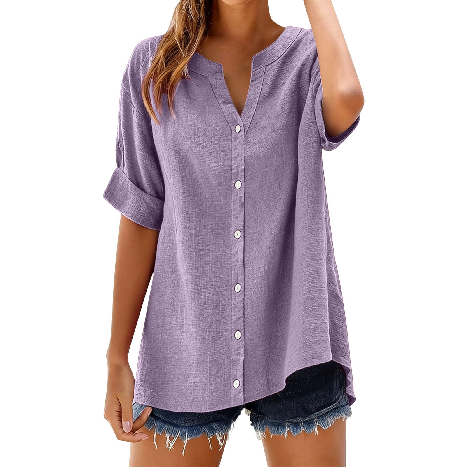 Essential Women's Button Down Shirts Short Sleeve, Cotton Linen Blend ...