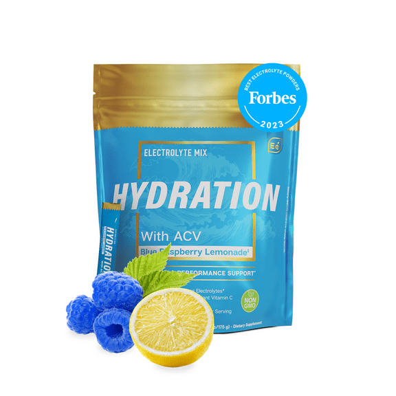 Essential elements Hydration Blue Raspberry Lemonade | Electrolyte Supplement with ACV & Vitamin C, 100mg, 25 Stick Packs