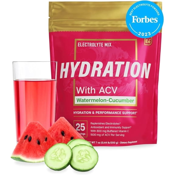 Essential Elements Hydration Packets - Watermelon Cucumber - Electrolytes Powder No Sugar - Electrolyte Drink Mix - Superior Hydration with ACV & Vitamin C - 25 Stick Packs