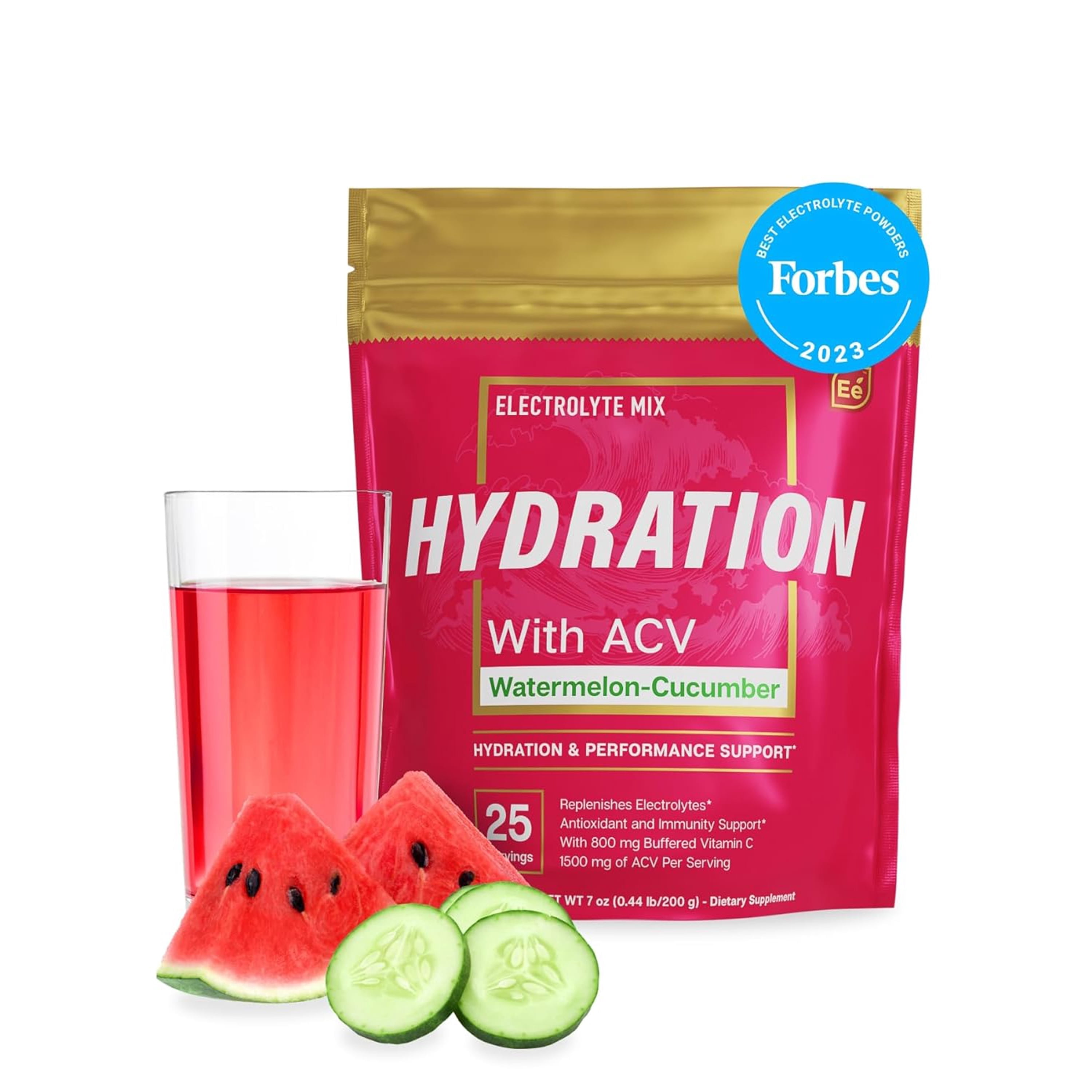 Essential Elements Hydration Watermelon Cucumber | Electrolyte Supplement with  ACV & Vitamin C, 100mg, 25 Stick packs